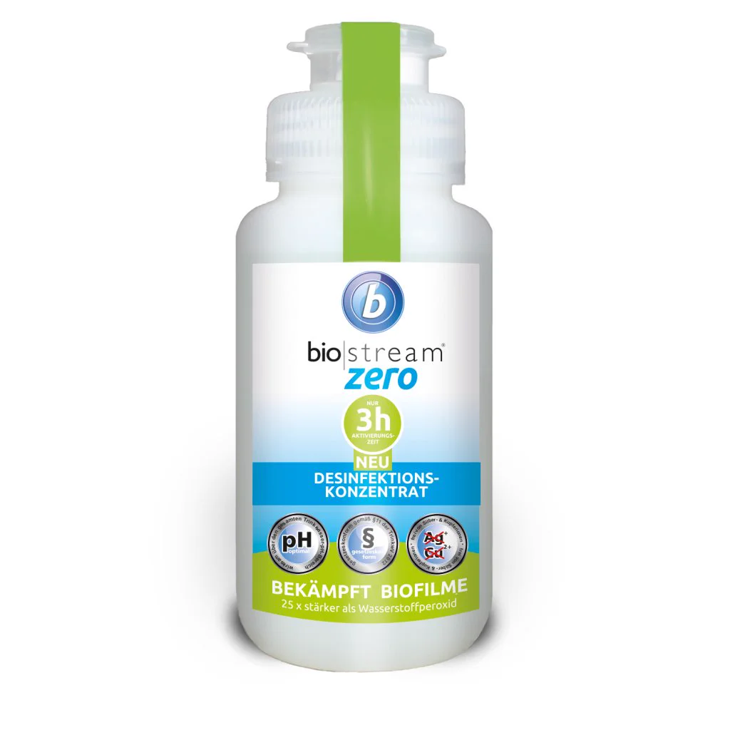 biostream ZERO Desinfektionskonzentrat, weiße Flasche mit grünem Streifen